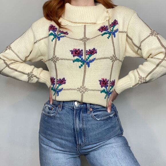 Vintage 80s Eagles Eye Size Small Ivory Cream Floral Print Turtleneck Sweater - Picture 3 of 14